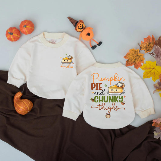 Custom Name Pumpkin Pie & Chunky Thighs Baby Romper Fall Toddler Girl Bodysuit, First Thanksgiving Outfit, Personalized Baby Clothes, Autumn Gift