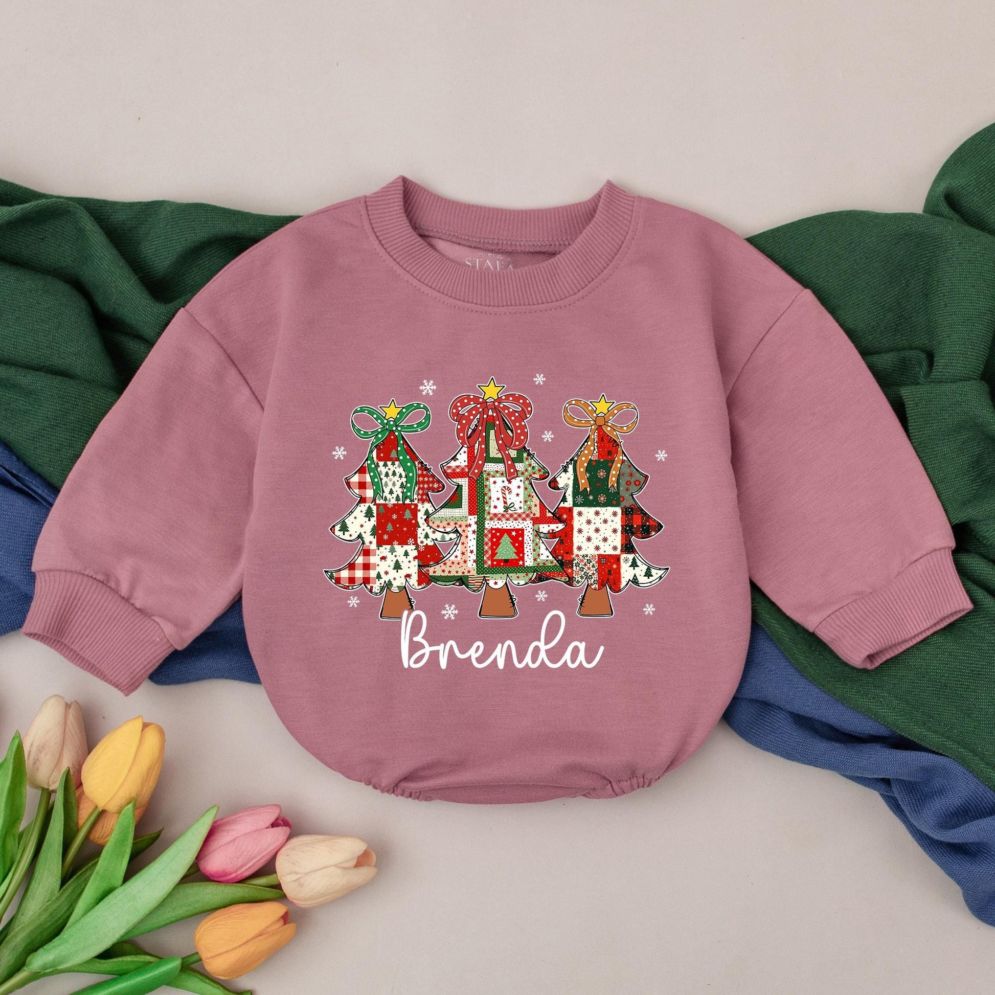 Personalized First Christmas Romper, Brenda's Patchwork Tree Outfit, Custom Xmas Bodysuit, Retro Holiday Gift, Baby Girl Clothes, Unique Shower Present (138 chars)