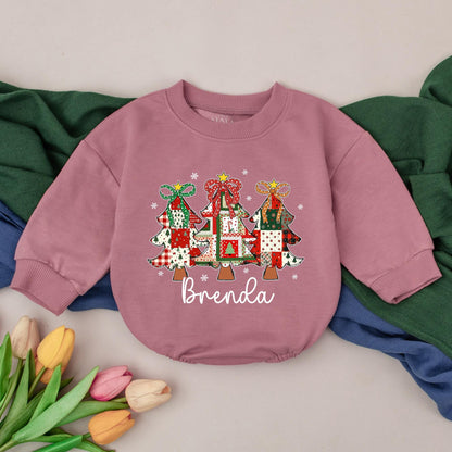 Personalized First Christmas Romper, Brenda's Patchwork Tree Outfit, Custom Xmas Bodysuit, Retro Holiday Gift, Baby Girl Clothes, Unique Shower Present (138 chars)