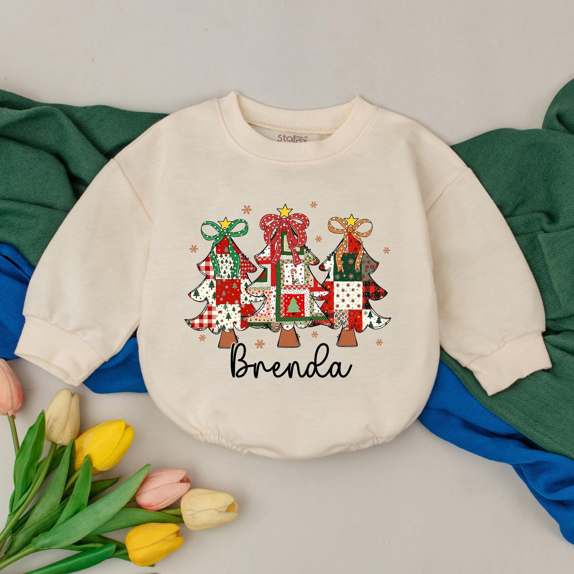 Personalized First Christmas Romper, Brenda's Patchwork Tree Outfit, Custom Xmas Bodysuit, Retro Holiday Gift, Baby Girl Clothes, Unique Shower Present (138 chars)