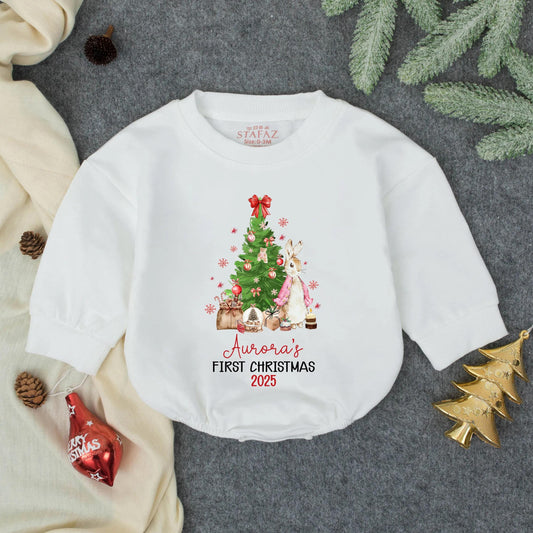 Personalized Baby Girl Christmas Bubble Romper Cute Bunny Tree Design Aurora's First Christmas 2025 Holiday Toddler Infant Soft Winter Gift