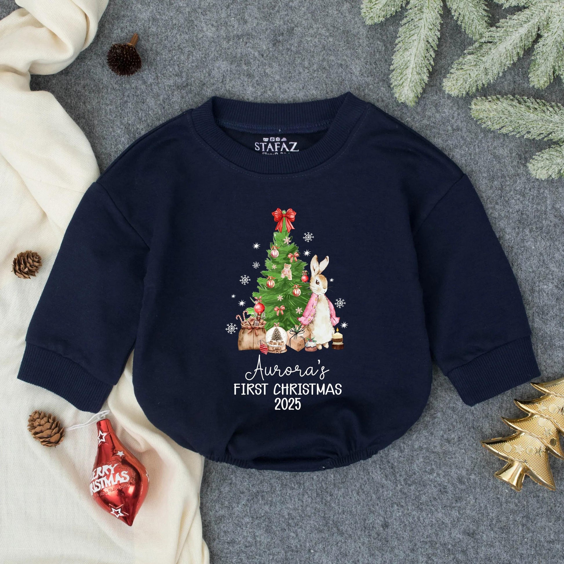 Personalized Baby Girl Christmas Bubble Romper Cute Bunny Tree Design Aurora's First Christmas 2025 Holiday Toddler Infant Soft Winter Gift