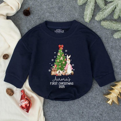 Personalized Baby Girl Christmas Bubble Romper Cute Bunny Tree Design Aurora's First Christmas 2025 Holiday Toddler Infant Soft Winter Gift