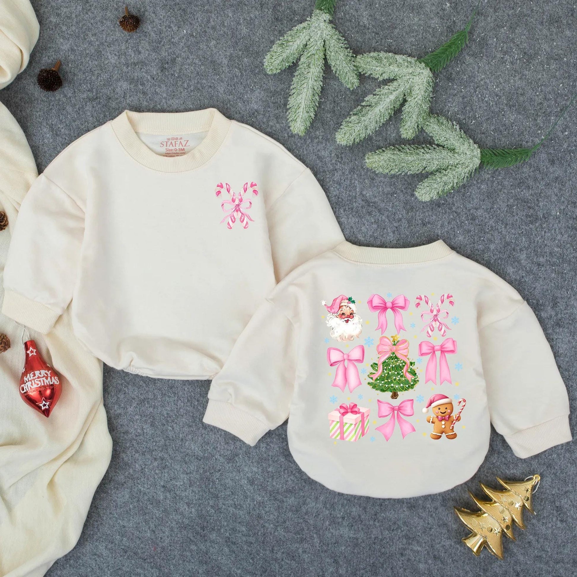 Pink Christmas Bow Bubble Romper for Baby Girl with Santa Claus Trees Gingerbread Men & Candy Cane Design Perfect First Christmas Gift