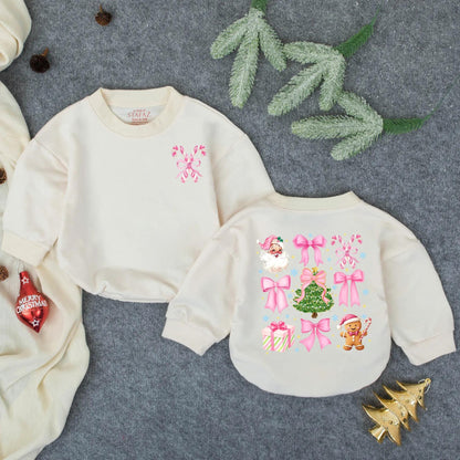 Pink Christmas Bow Bubble Romper for Baby Girl with Santa Claus Trees Gingerbread Men & Candy Cane Design Perfect First Christmas Gift