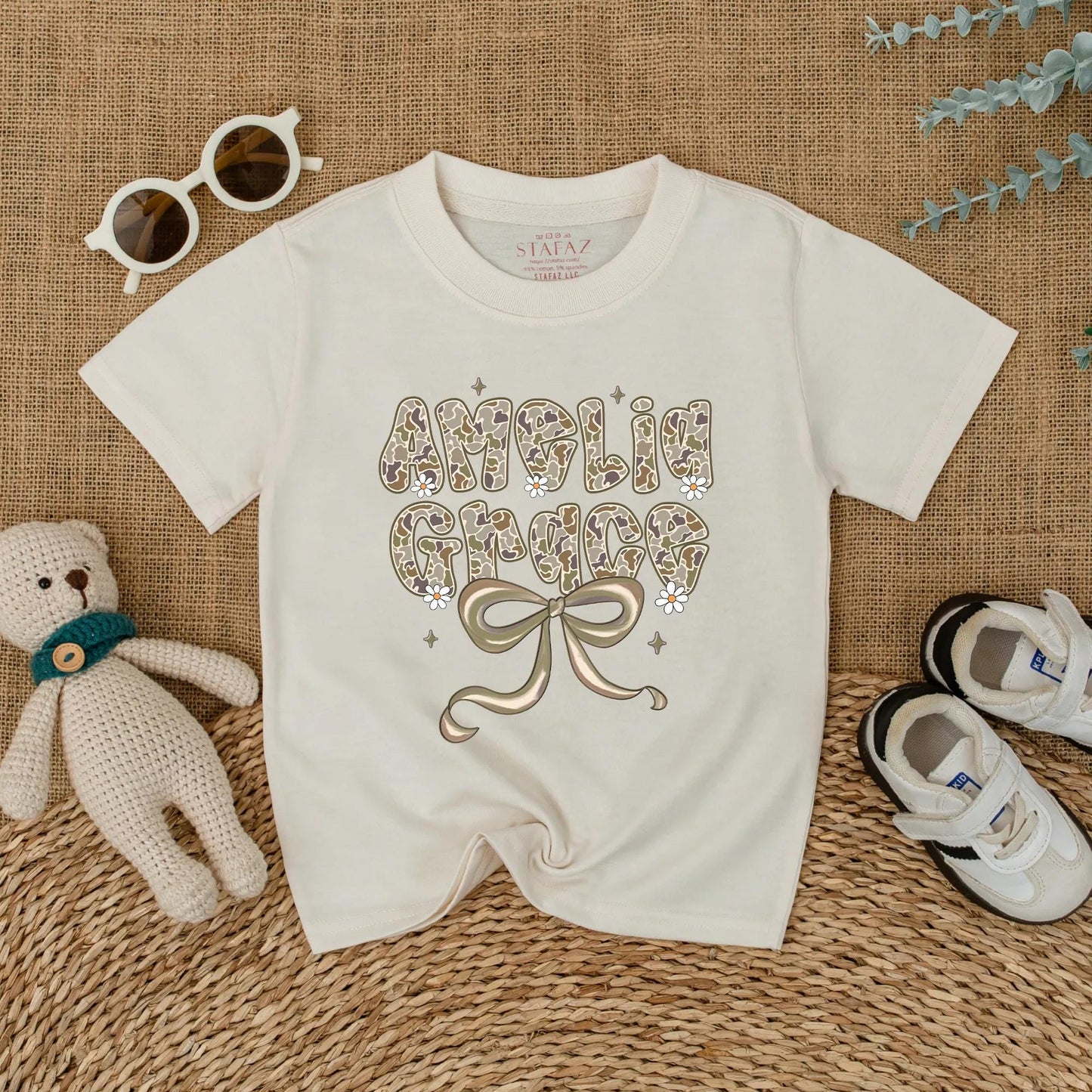 Personalized Amelia Grace Camo Baby Romper, Hunting Outfit with Bow and Flowers, Custom Newborn Girl Clothes, Muted Green, Woodland Shower Gift 135