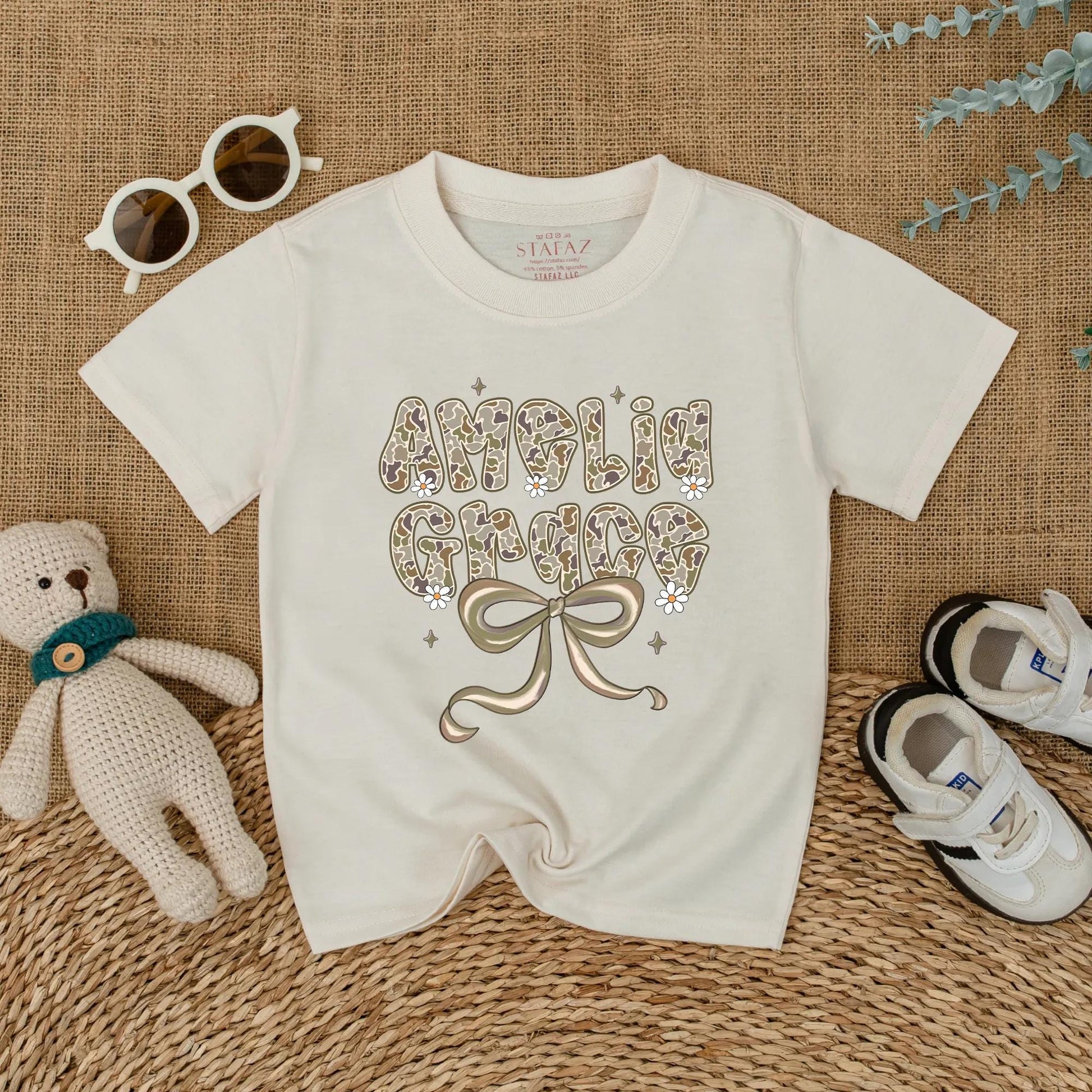 Personalized Amelia Grace Camo Baby Romper, Hunting Outfit with Bow and Flowers, Custom Newborn Girl Clothes, Muted Green, Woodland Shower Gift 135