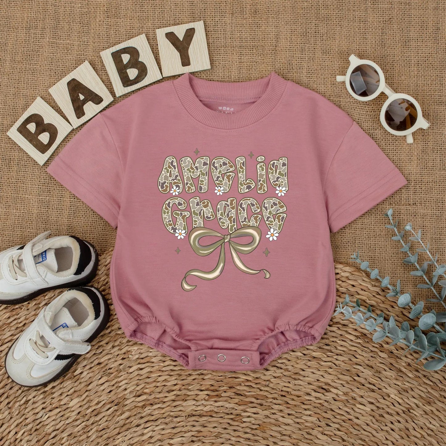 Personalized Amelia Grace Camo Baby Romper, Hunting Outfit with Bow and Flowers, Custom Newborn Girl Clothes, Muted Green, Woodland Shower Gift 135