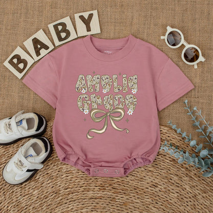 Personalized Amelia Grace Camo Baby Romper, Hunting Outfit with Bow and Flowers, Custom Newborn Girl Clothes, Muted Green, Woodland Shower Gift 135