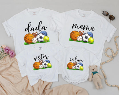 Custom Name Matching Family Sports Birthday Shirts Playful Ball Game Theme First Birthday Outfit Soft Cotton Tees for Everyone