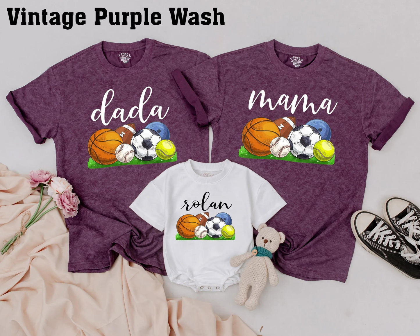 Custom Name Matching Family Sports Birthday Shirts Playful Ball Game Theme First Birthday Outfit Soft Cotton Tees for Everyone