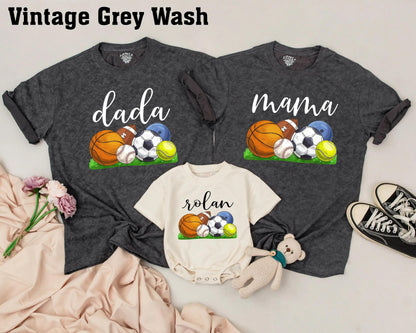 Custom Name Matching Family Sports Birthday Shirts Playful Ball Game Theme First Birthday Outfit Soft Cotton Tees for Everyone