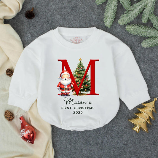 Personalized "M" Santa Christmas Bubble Romper My First Christmas 2025 Baby Gift Red Green Gold Festive Toddler
