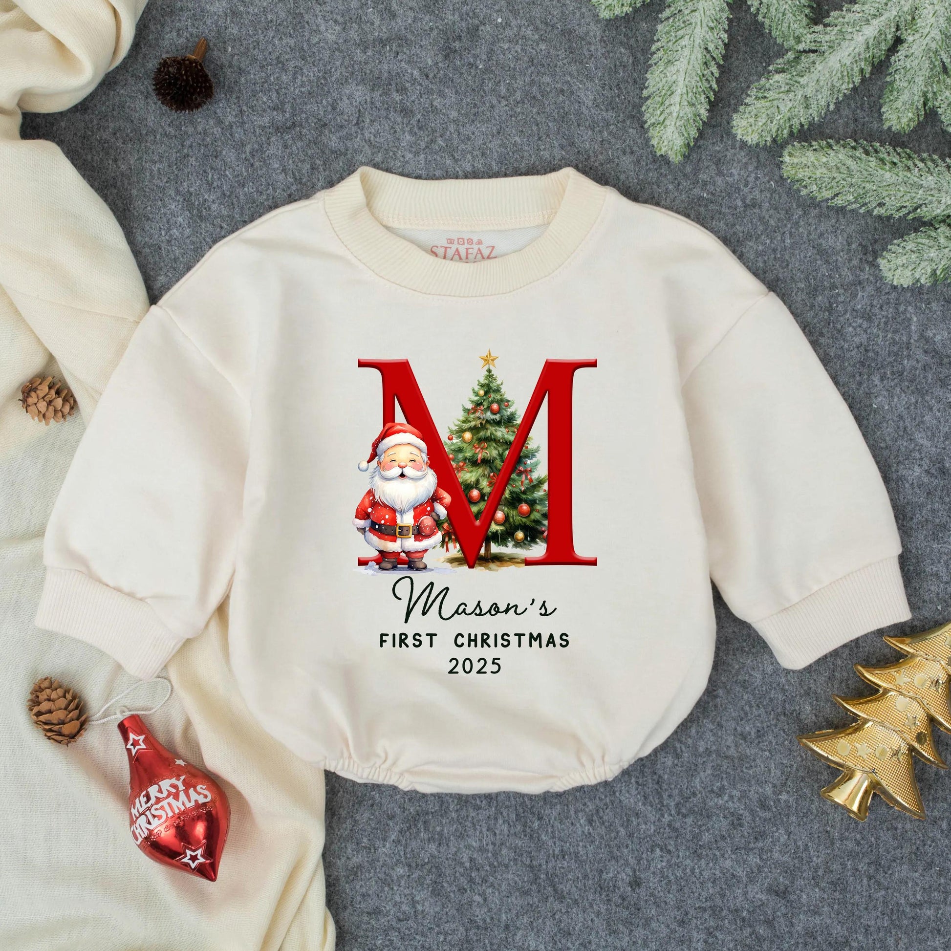 Personalized "M" Santa Christmas Bubble Romper My First Christmas 2025 Baby Gift Red Green Gold Festive Toddler