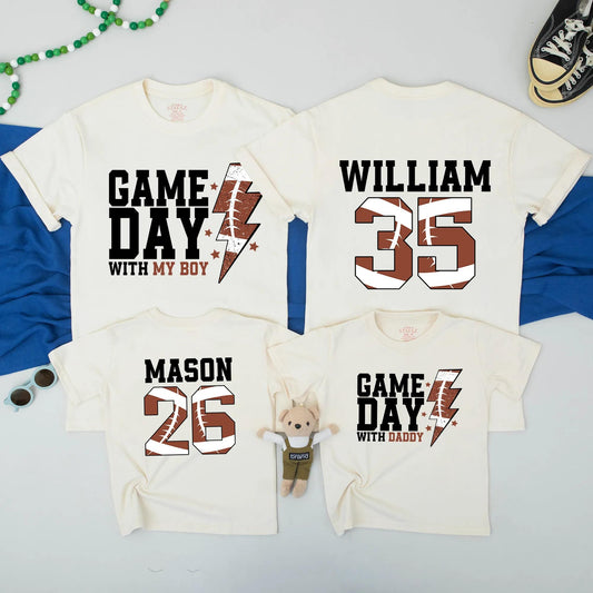 Gameday with Daddy & Boy Football Shirts: Matching Father Son Outfits for Football Season & Sundays, Lightning Bolt Design, Perfect Dad Gift! (138 chars)