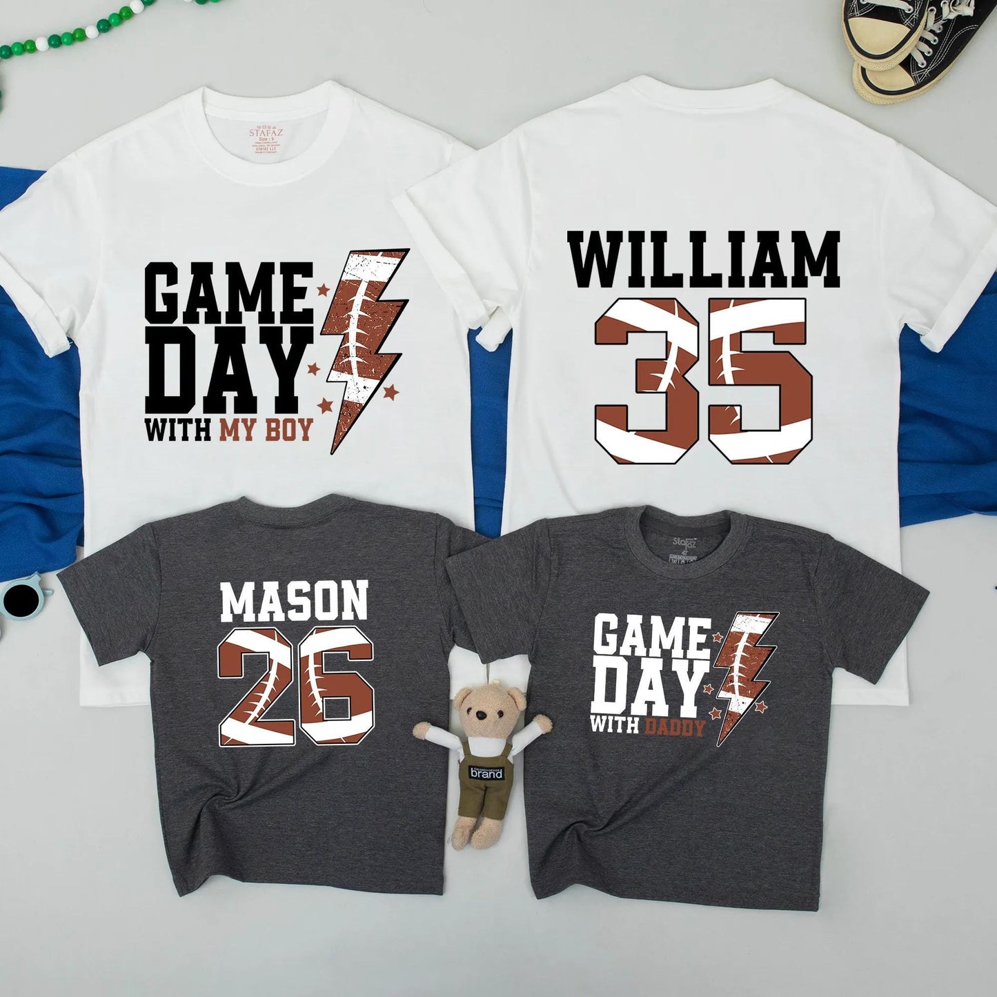 Gameday with Daddy & Boy Football Shirts: Matching Father Son Outfits for Football Season & Sundays, Lightning Bolt Design, Perfect Dad Gift! (138 chars)