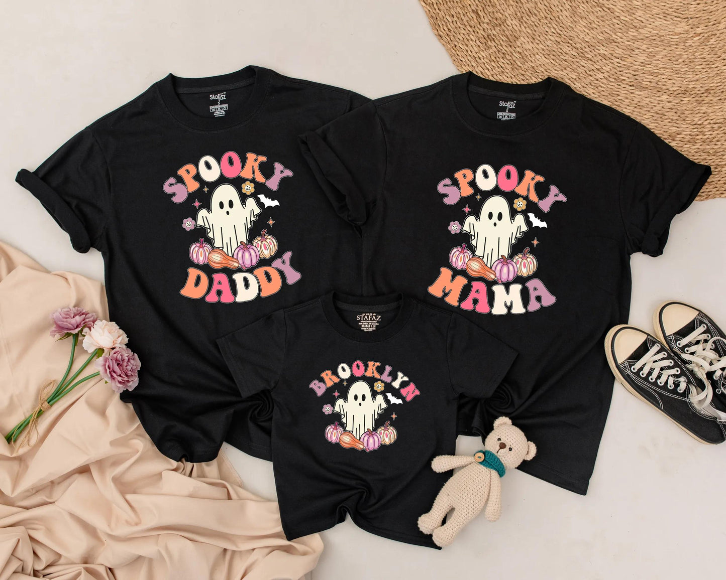 Spooky One Birthday Matching Family Shirts: Retro Ghost & Pumpkins for Daddy, Mama, Brother - Playful Halloween 1st Birthday Outfit & Costume