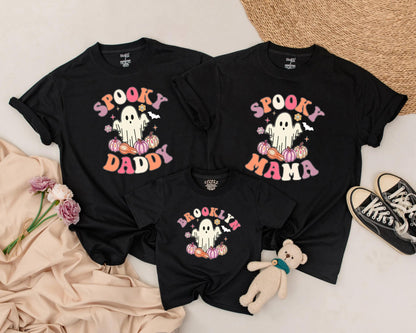 Spooky One Birthday Matching Family Shirts: Retro Ghost & Pumpkins for Daddy, Mama, Brother - Playful Halloween 1st Birthday Outfit & Costume