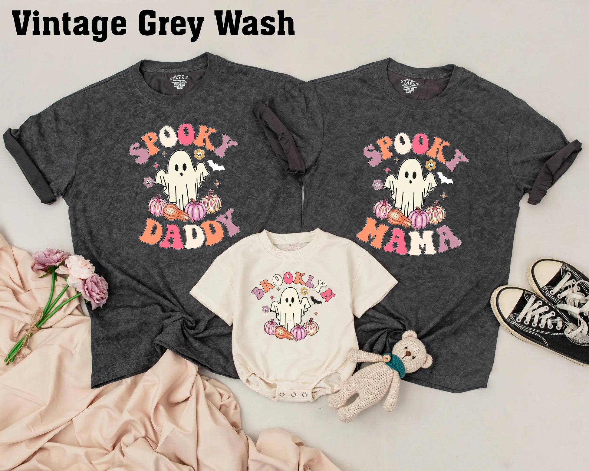 Spooky One Birthday Matching Family Shirts: Retro Ghost & Pumpkins for Daddy, Mama, Brother - Playful Halloween 1st Birthday Outfit & Costume
