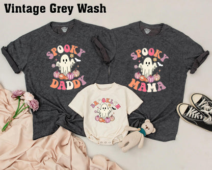 Spooky One Birthday Matching Family Shirts: Retro Ghost & Pumpkins for Daddy, Mama, Brother - Playful Halloween 1st Birthday Outfit & Costume