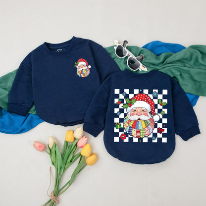 Personalized Patchwork Santa Claus Romper for Baby's First Christmas, Custom Name Xmas Bodysuit, Retro Baby Girl Outfit, Holiday Gift (139 chars)