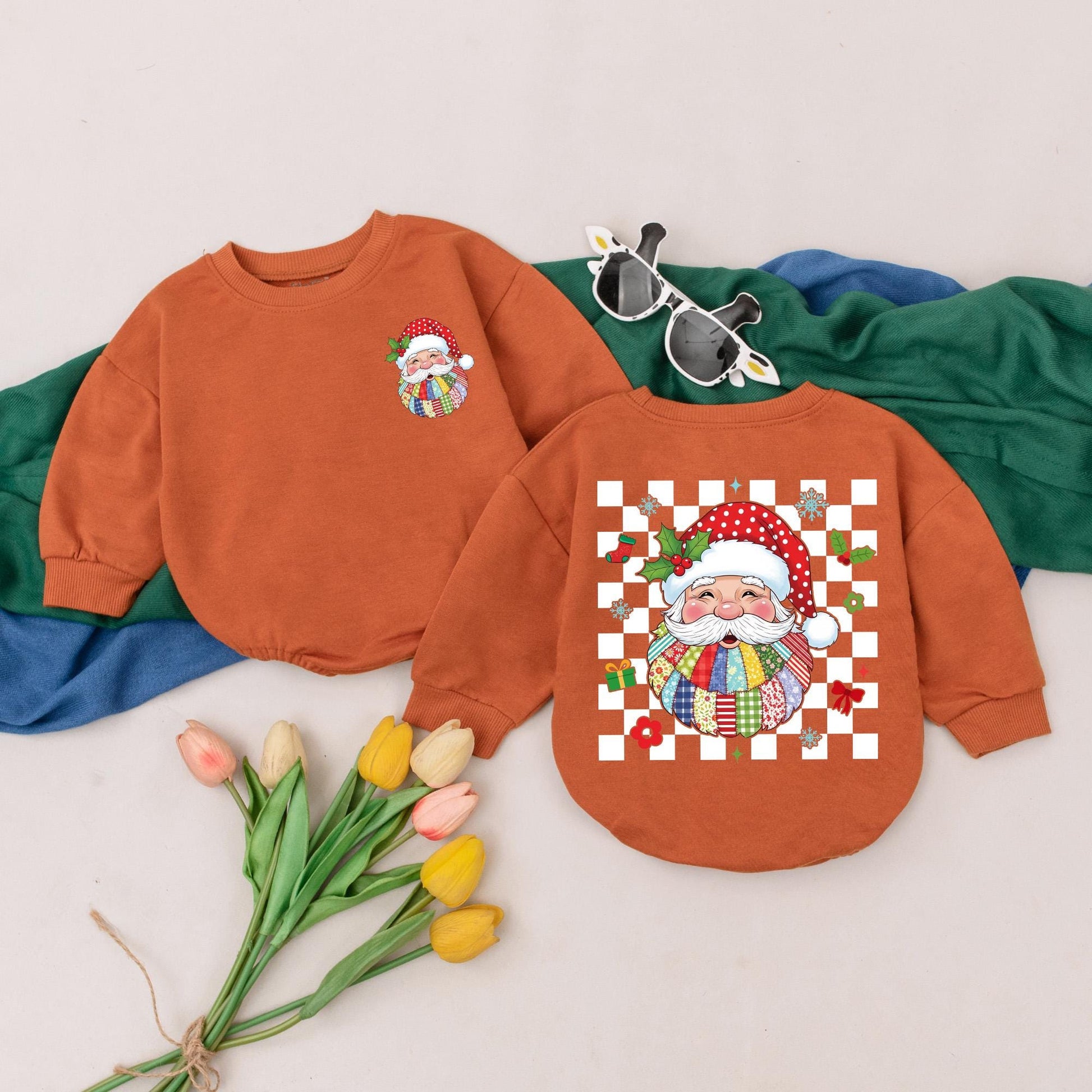 Personalized Patchwork Santa Claus Romper for Baby's First Christmas, Custom Name Xmas Bodysuit, Retro Baby Girl Outfit, Holiday Gift (139 chars)