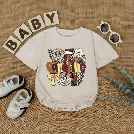 Caroline Football Game Day Bubble Romper Personalized Baby Name Outfit Infant Custom Sports Toddler Girl Gift