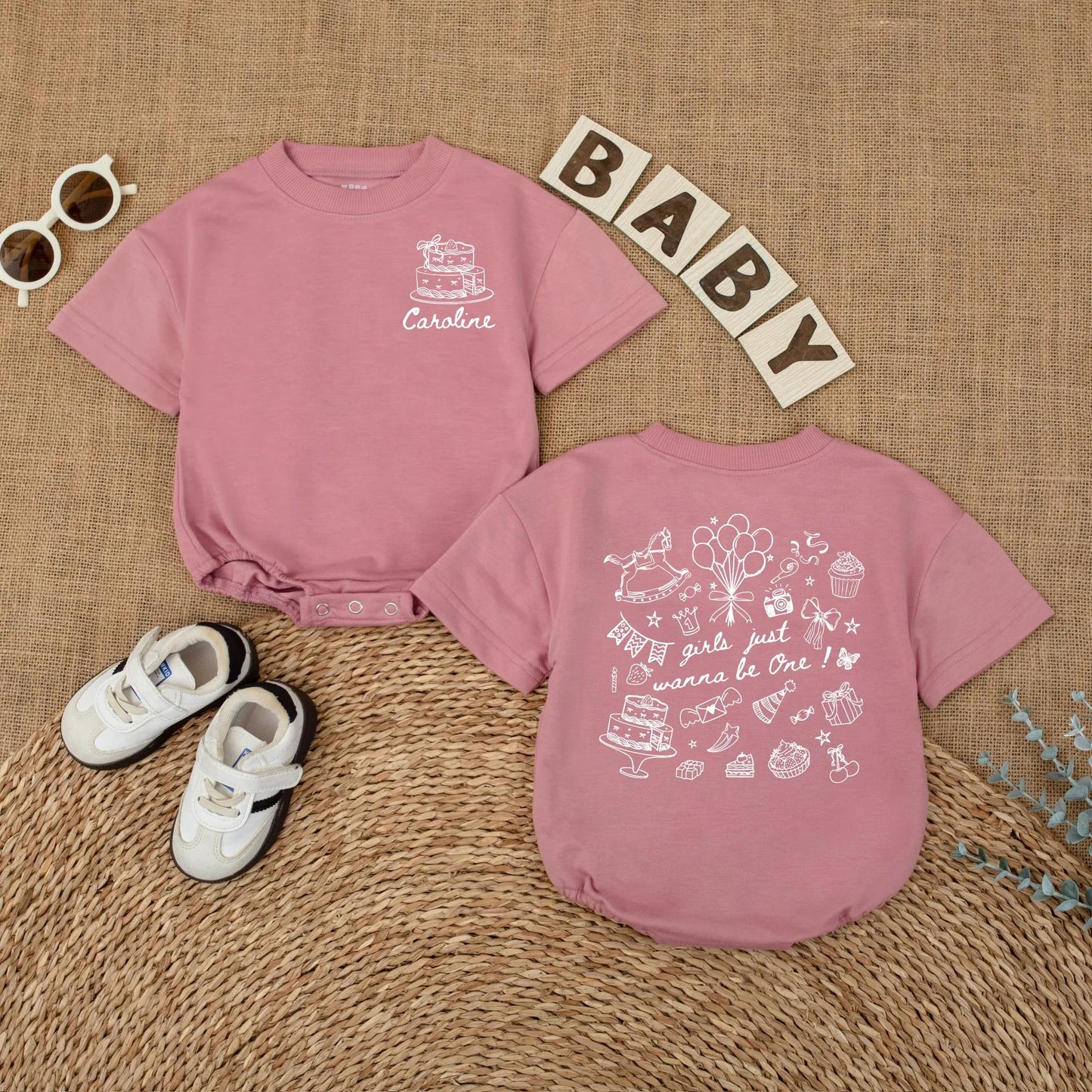 Caroline's 1st Birthday Romper: Custom Baby Girl Outfit with Cake & Balloons, First Birthday Party Gift, 'Girls Just Wanna Be One!' Design, Smash Cake Photo