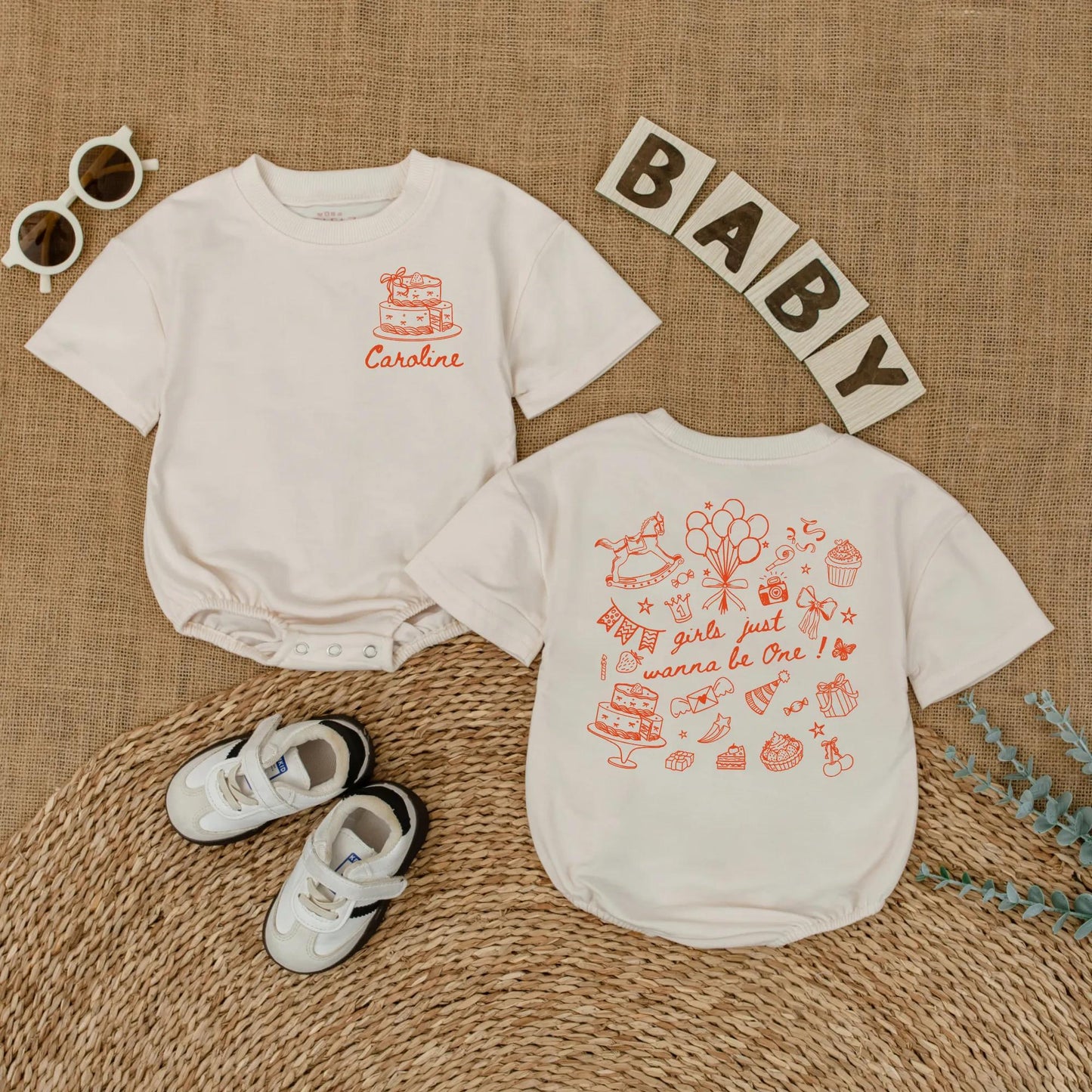Caroline's 1st Birthday Romper: Custom Baby Girl Outfit with Cake & Balloons, First Birthday Party Gift, 'Girls Just Wanna Be One!' Design, Smash Cake Photo