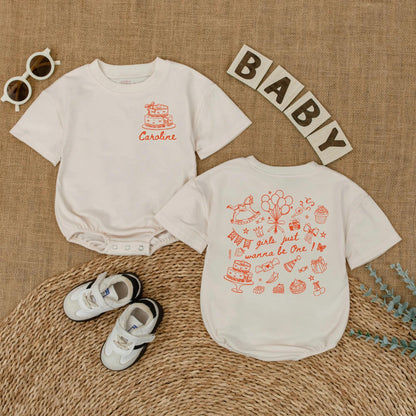 Caroline's 1st Birthday Romper: Custom Baby Girl Outfit with Cake & Balloons, First Birthday Party Gift, 'Girls Just Wanna Be One!' Design, Smash Cake Photo