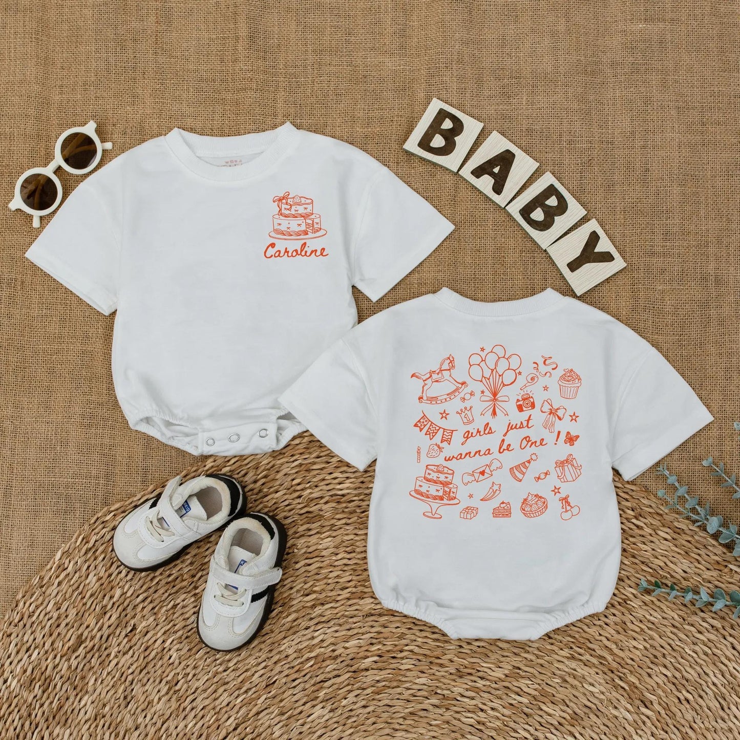 Caroline's 1st Birthday Romper: Custom Baby Girl Outfit with Cake & Balloons, First Birthday Party Gift, 'Girls Just Wanna Be One!' Design, Smash Cake Photo