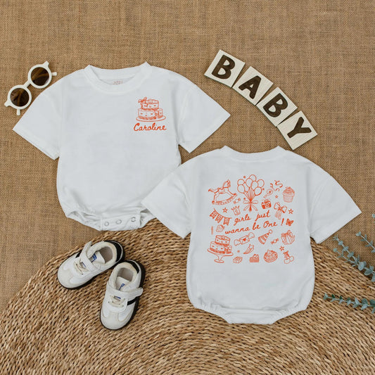Caroline's 1st Birthday Romper: Custom Baby Girl Outfit with Cake & Balloons, First Birthday Party Gift, 'Girls Just Wanna Be One!' Design, Smash Cake Photo