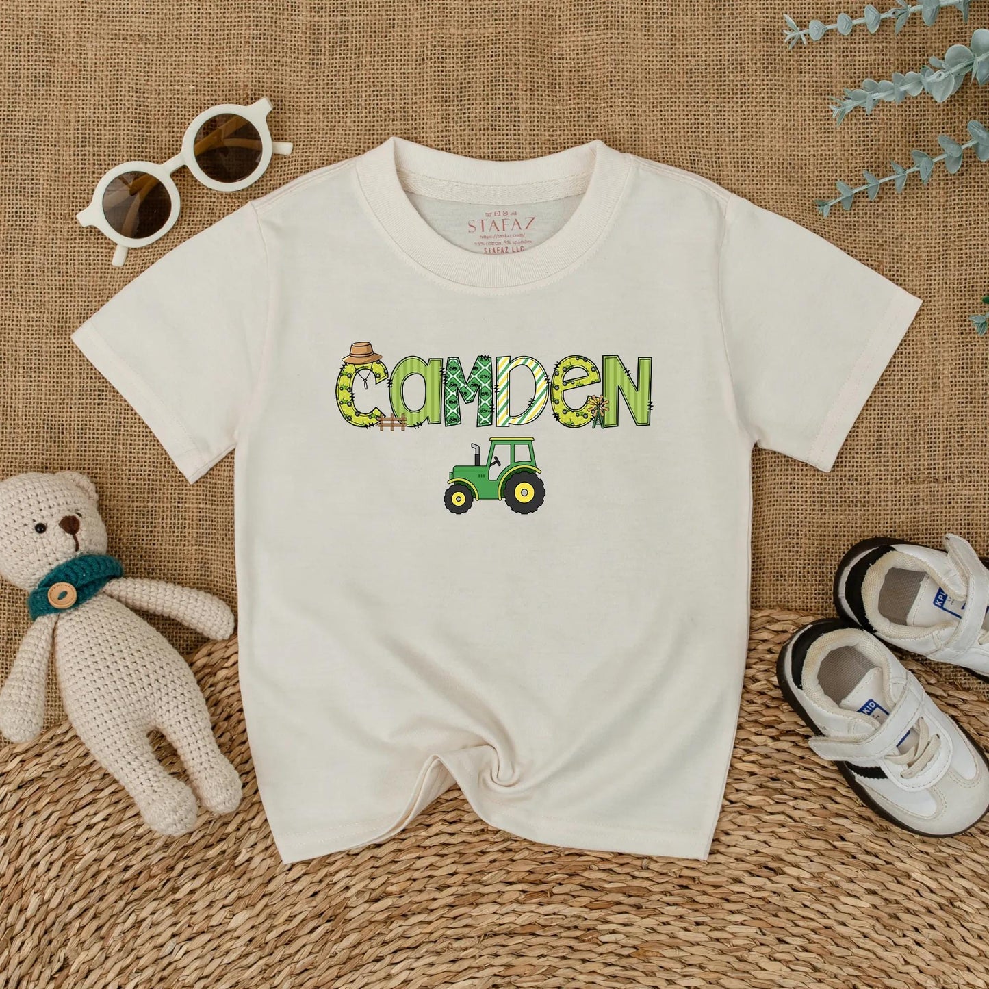 Custom "CAMDEN" Farm Tractor Romper Personalized Little Farmer Birthday Outfit Baby Boy Green Straw Hat Windmill Gift