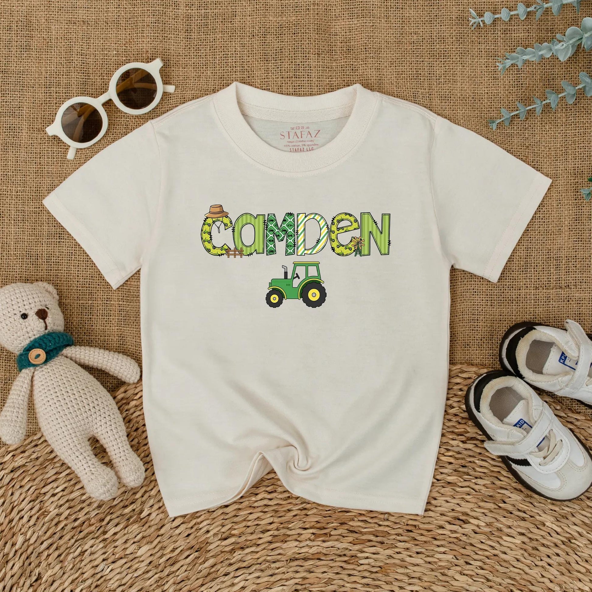 Custom "CAMDEN" Farm Tractor Romper Personalized Little Farmer Birthday Outfit Baby Boy Green Straw Hat Windmill Gift