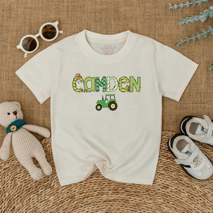 Custom "CAMDEN" Farm Tractor Romper Personalized Little Farmer Birthday Outfit Baby Boy Green Straw Hat Windmill Gift