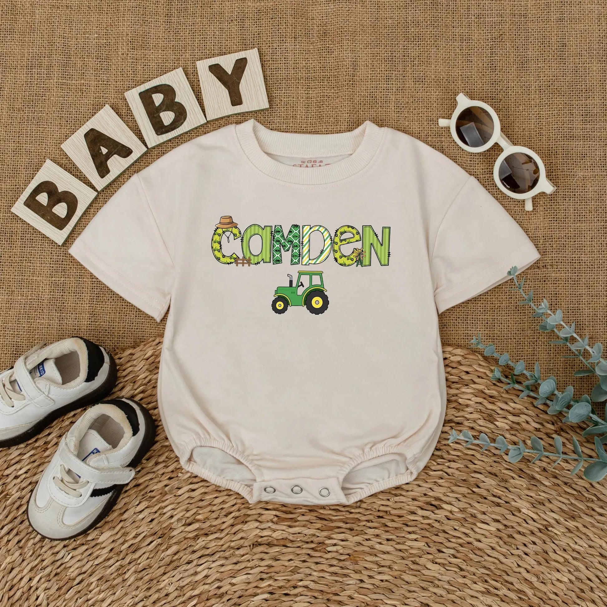 Custom "CAMDEN" Farm Tractor Romper Personalized Little Farmer Birthday Outfit Baby Boy Green Straw Hat Windmill Gift