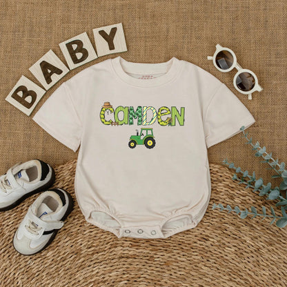 Custom "CAMDEN" Farm Tractor Romper Personalized Little Farmer Birthday Outfit Baby Boy Green Straw Hat Windmill Gift