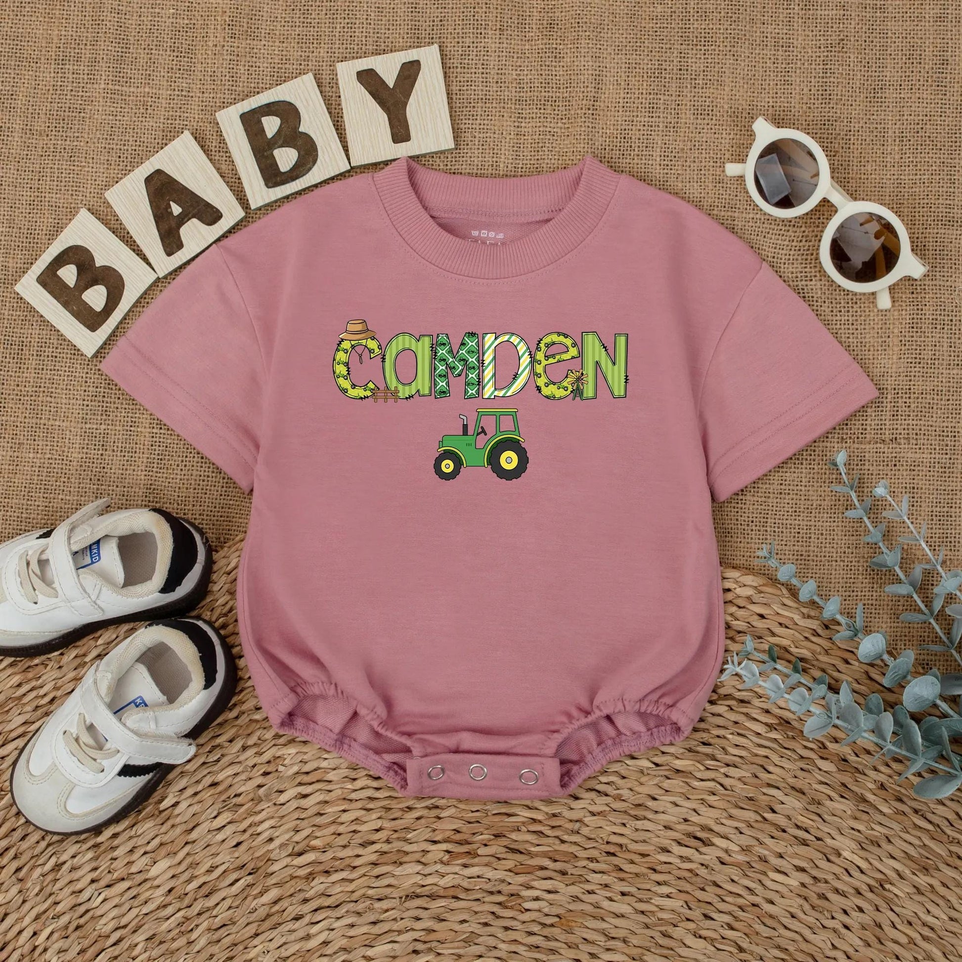 Custom "CAMDEN" Farm Tractor Romper Personalized Little Farmer Birthday Outfit Baby Boy Green Straw Hat Windmill Gift