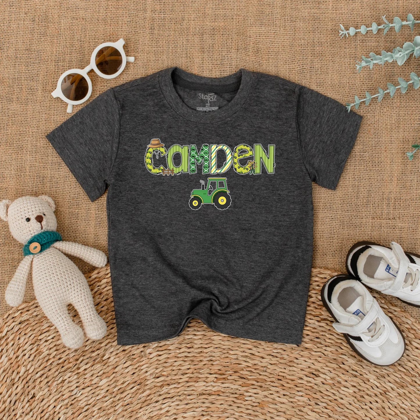 Custom "CAMDEN" Farm Tractor Romper Personalized Little Farmer Birthday Outfit Baby Boy Green Straw Hat Windmill Gift