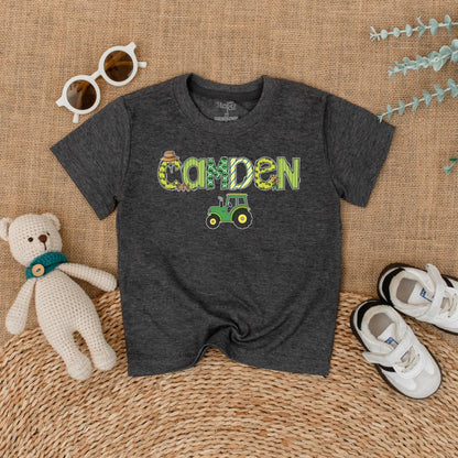 Custom "CAMDEN" Farm Tractor Romper Personalized Little Farmer Birthday Outfit Baby Boy Green Straw Hat Windmill Gift