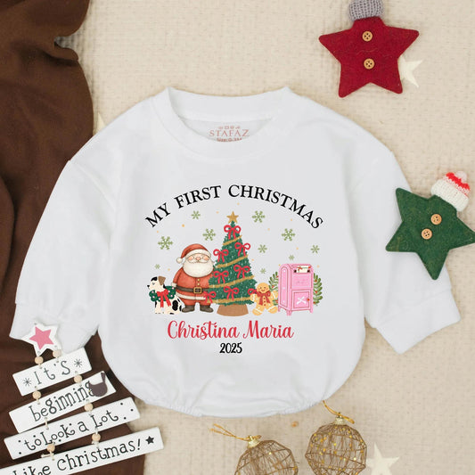 Personalized My First Christmas Baby Bubble Romper Christina Maria 2025 Festive Holiday Infant Toddler Santa Tree Gingerbread Dog Outfit