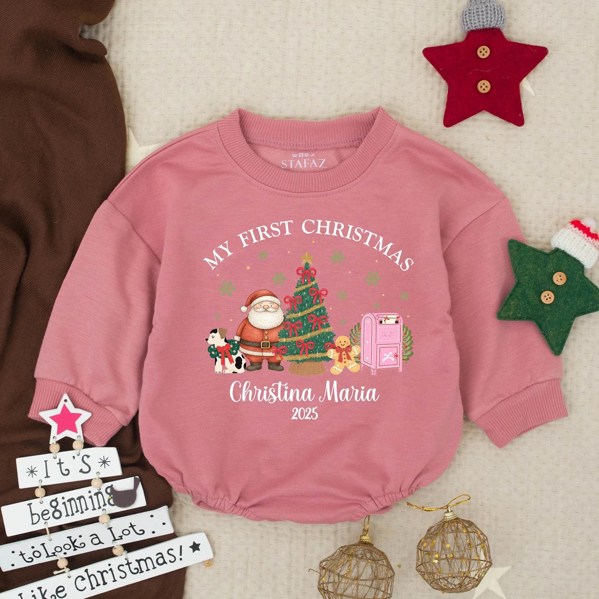 Personalized My First Christmas Baby Bubble Romper Christina Maria 2025 Festive Holiday Infant Toddler Santa Tree Gingerbread Dog Outfit