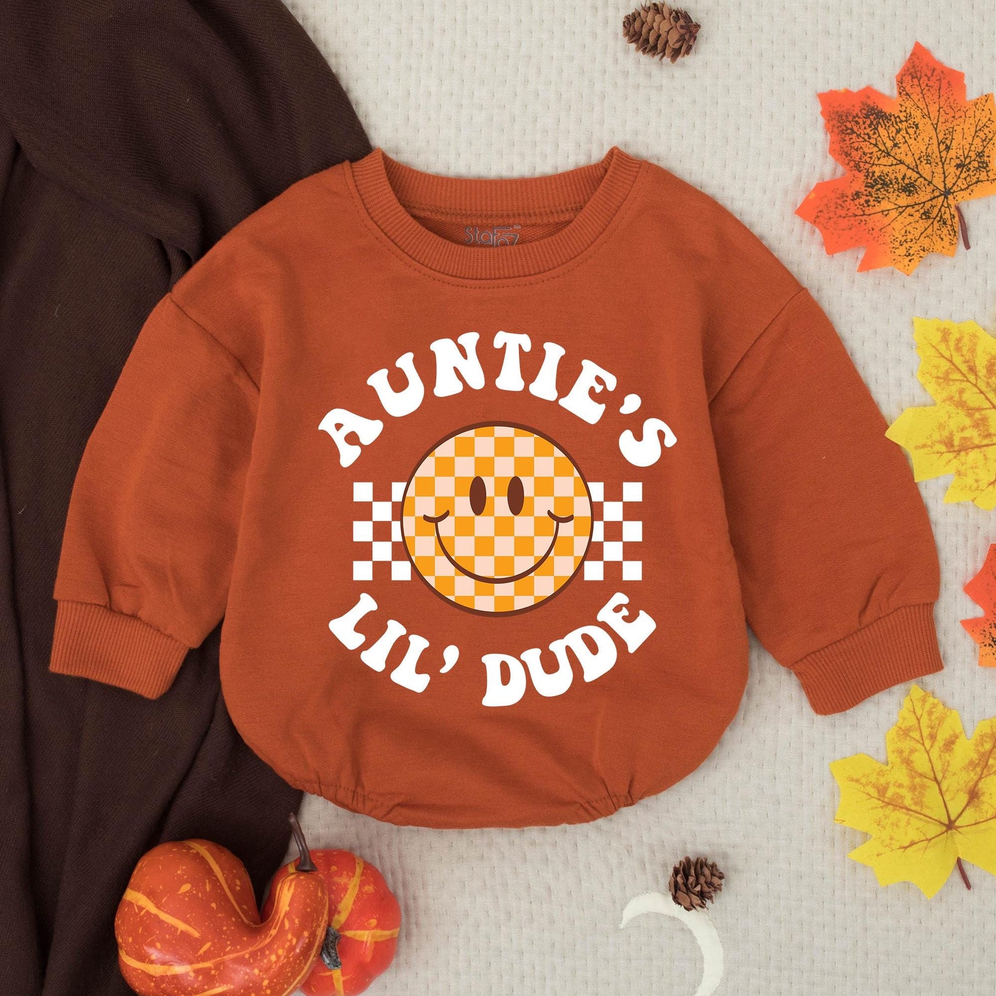 Auntie's Little Dude Bubble Romper Retro Orange Checkerboard Smiley Baby Gift Newborn Shower Outfit