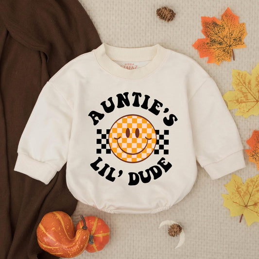 Auntie's Little Dude Bubble Romper Retro Orange Checkerboard Smiley Baby Gift Newborn Shower Outfit
