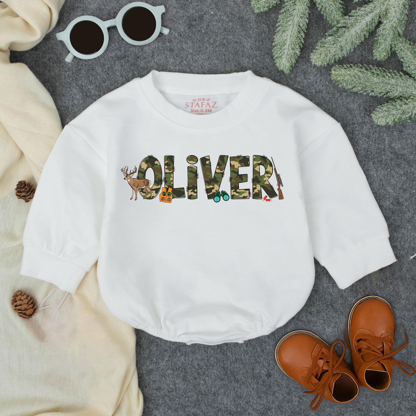 Personalized Baby Hunting Bodysuit with Green Brown Camo Name Playful Deer Rifle Graphics Toddler Romper Sweatshirt First Birthday Shower Gift