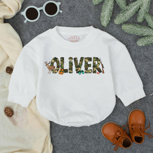 Personalized Baby Hunting Bodysuit with Green Brown Camo Name Playful Deer Rifle Graphics Toddler Romper Sweatshirt First Birthday Shower Gift