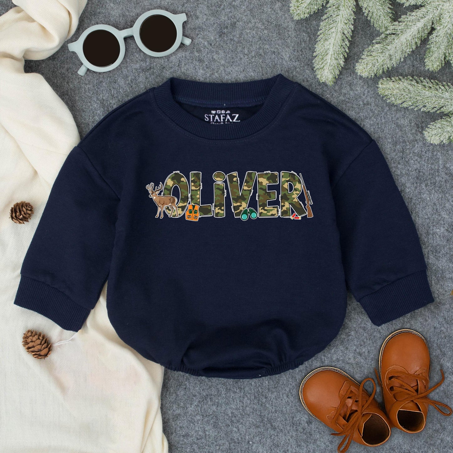 Personalized Baby Hunting Bodysuit with Green Brown Camo Name Playful Deer Rifle Graphics Toddler Romper Sweatshirt First Birthday Shower Gift