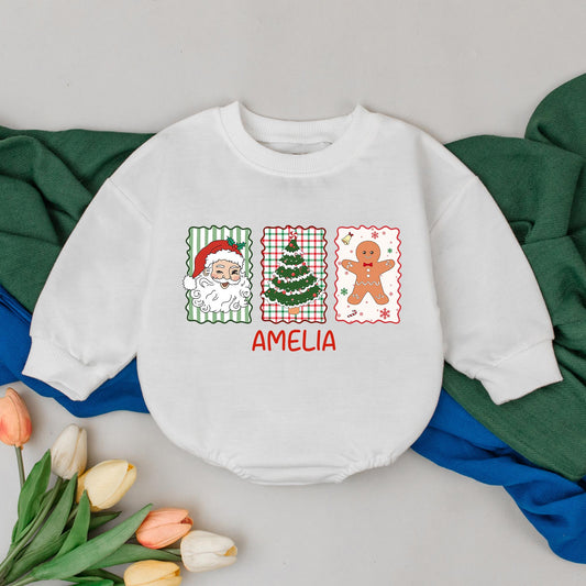 Personalized Retro Christmas Baby Romper, Winking Santa Outfit, Custom AMELIA Bodysuit, First Xmas Gift, Gingerbread Man Holiday Clothes 139chars