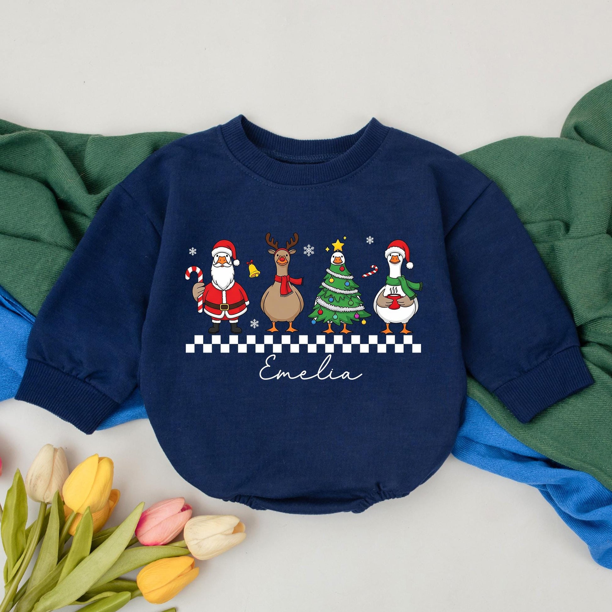 Personalized Christmas Goose Romper for Baby Girl, Cute Holiday Outfit with Cartoon Santa, Reindeer & Tree, Custom Name First Xmas Clothes (139 chars)