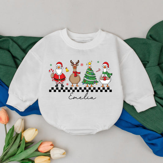 Personalized Christmas Goose Romper for Baby Girl, Cute Holiday Outfit with Cartoon Santa, Reindeer & Tree, Custom Name First Xmas Clothes (139 chars)